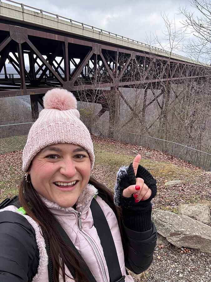 Winter bridge walk with views of the structure